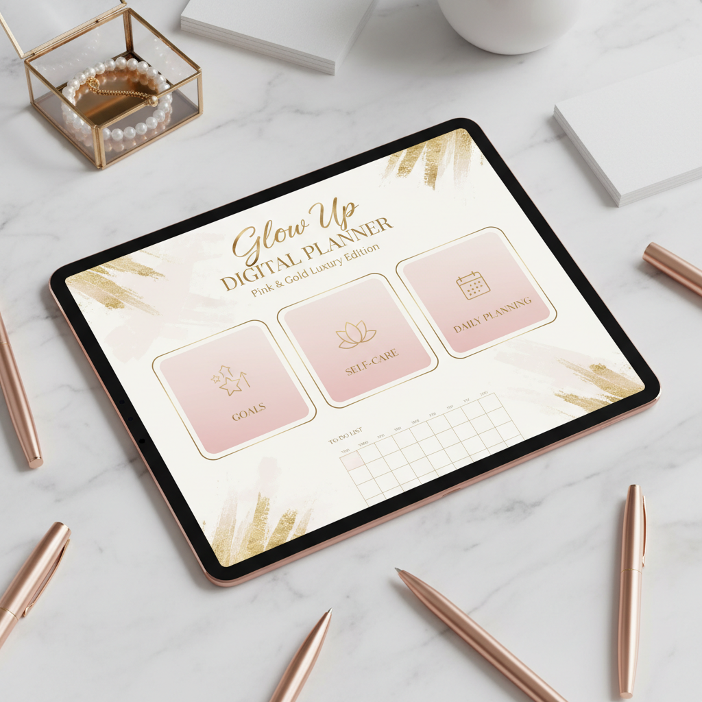 Glow Up Digital Planner shown on a tablet with pink and gold luxury design